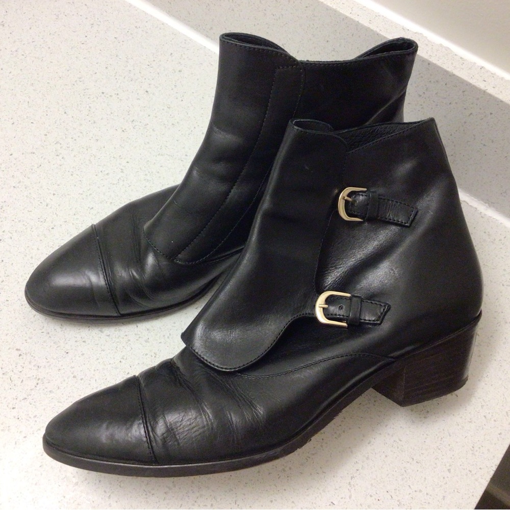 J.Crew Ankle Buckle Block Heel Booties Black Leather Women’s Size 8